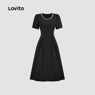 Lovito สง่างาม ชุดเดรส ประดับไข่มุก ชุดเดรสสีดำสำหรับผู้หญิงสุดนุ่มนวลและสบายในฤดูใบไม้ผลิ/ฤดูร้อน L137ED163