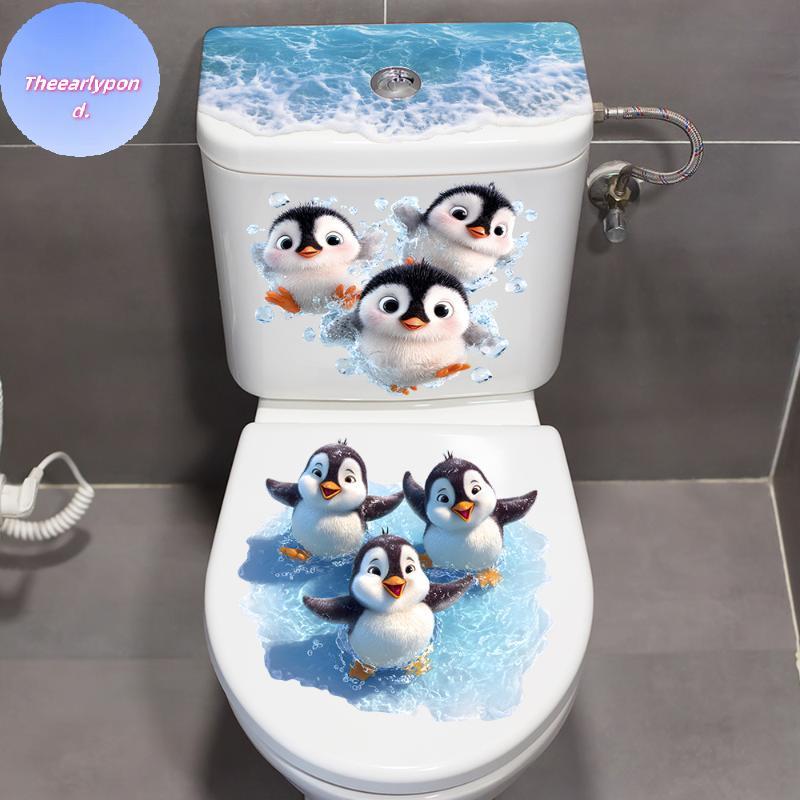 EARLYPTOND ว่ายน้ํา Little Penguin Toilet Stier, กันน้ําแบบมีกาวในตัว, รูปลอกตกแต่งห้องน้ํา, ที่หุ้มที่นั่งชักโครก Stier TH