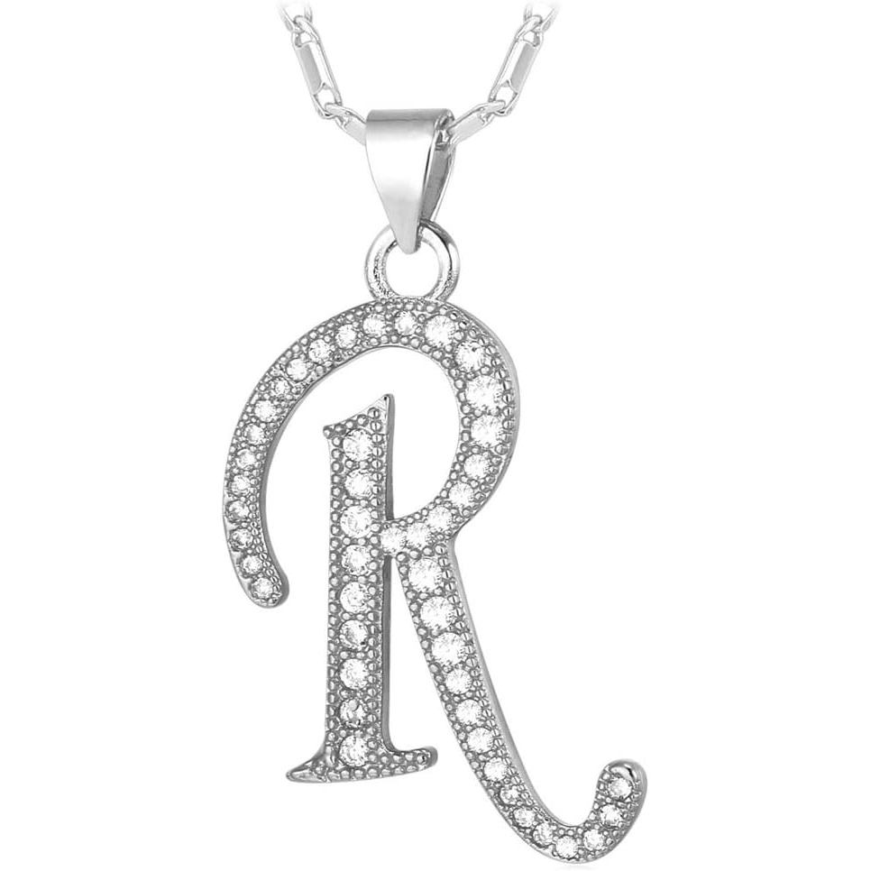 U7 สร้อยคอเริ่มต้นสําหรับผู้หญิง,ทอง/Platinum Plated CZ คริสตัลตัวอักษร AZ จี้สร้อยคอ,เงา 20 นิ้วชื่