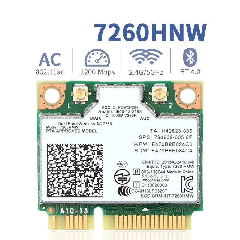 Wireless-AC 7260 การ์ด WiFi 7260AC 7260HMW Dual Band 2.4G & 5Ghz 300M+867Mbps 802.11ac/a/b/g BT4.0 H