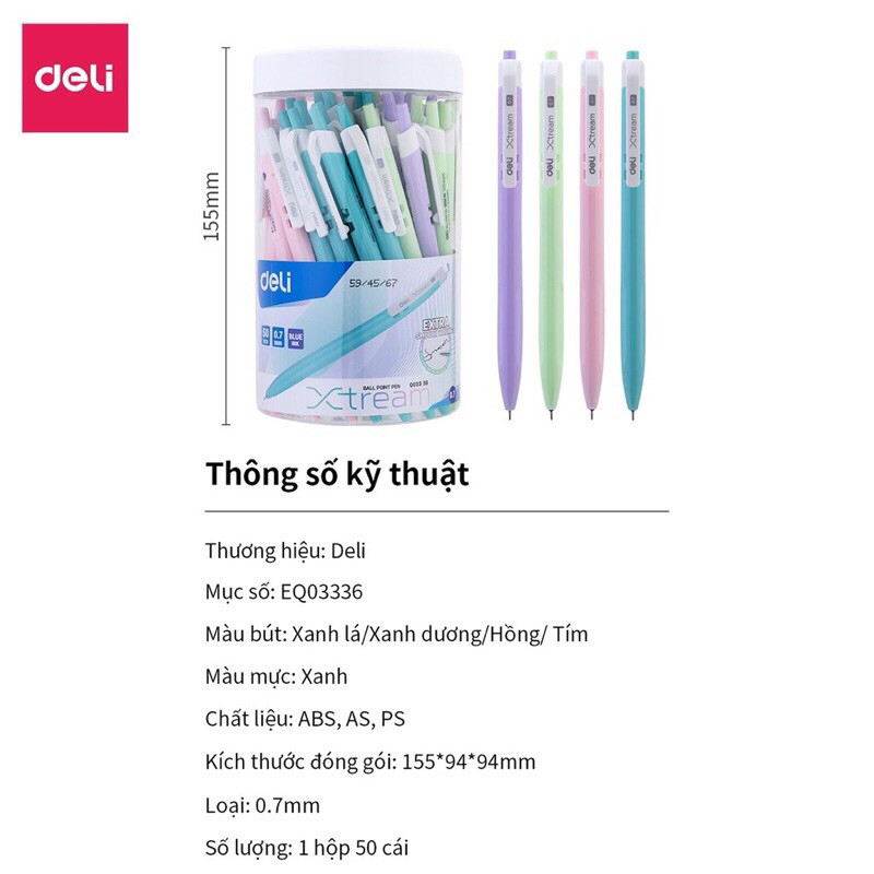 (BOX OF 50 - Q03336) ปากกาลูกลื่น ปากกาลูกลื่นน้ํามัน Deli 0.7mm BLUE INK Xtream EQ03336