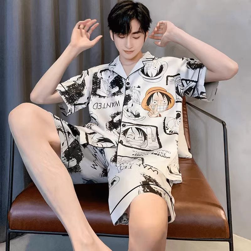 ชุดนอนผ้าไหมน้ำแข็งสำหรับหนุ่มๆ แบบแขนสั้น สไตล์วิทยาลัย ใส่สบายในฤดูร้อน