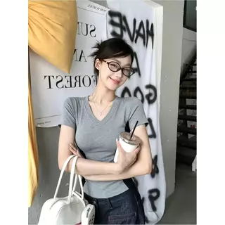 Lalita ส่งไวจากไทย เสื้อแขนสั้น คอวี ทรงสลิมฟิต ดีไซน์สีตัดกัน หวานเซ็กซี่ สไตล์เกาหลี