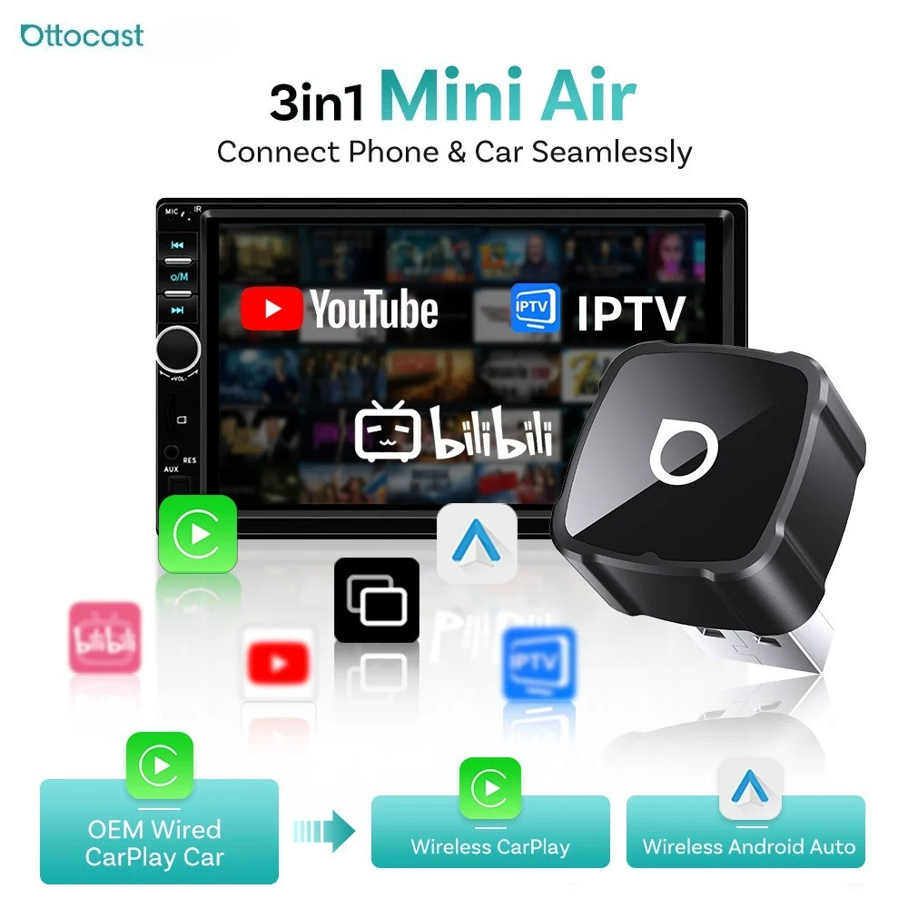 Ottocast Mini Air 3 in 1 Wireless CarPlay Android อะแดปเตอร์อัตโนมัติและหน้าจอ Airplay Mirroring USB Plug & Play Dongle