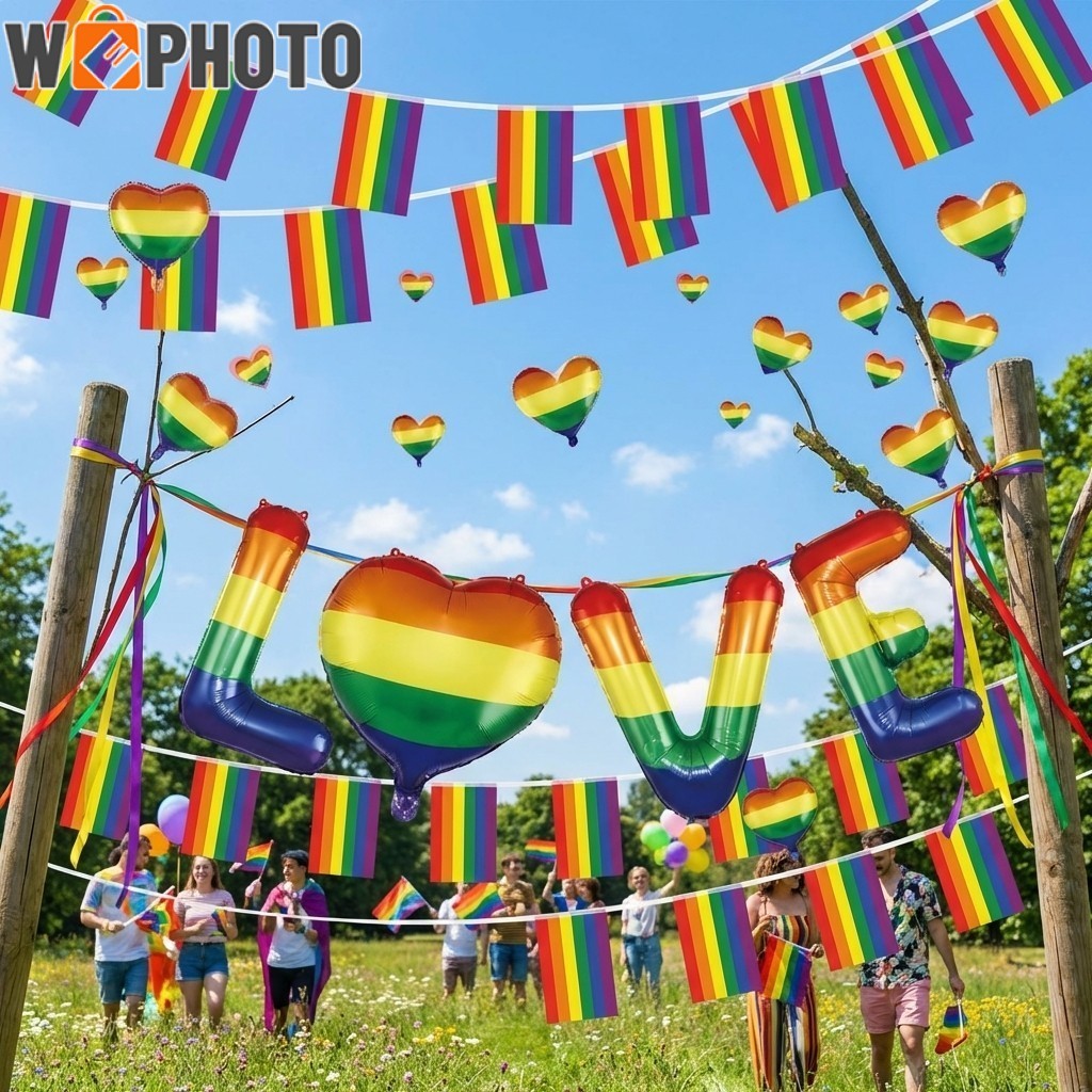🌈LOVE ชุดตกแต่ง LGBT,ชุดตกแต่ง Pride Month, ลูกโป่งสีรุ้ง, ป้ายแบนเนอร์ ธงสายรุ้ง+ลูกโป่ง+ม่านสายรุ้