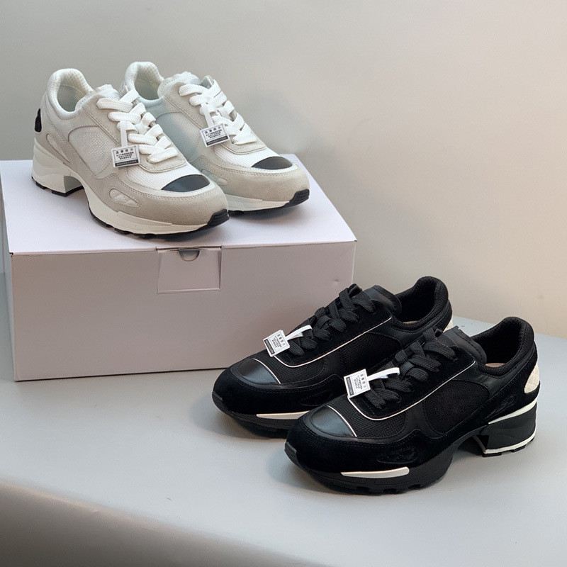 RRZ7 Ch**el Chunky-heeled sneakers with thick soles, height-increasing, color-blocked panda shoes, a