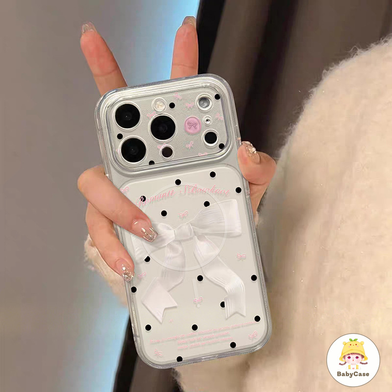 เคสไอโฟน17air เหมาะสำหรับ IPhone 16 17 15 14 13 12 11 Pro Max 15 Plus กรอบโทรศัพท์แบบใสที่มีโบว์สีขาวและลายจุดสีดำ