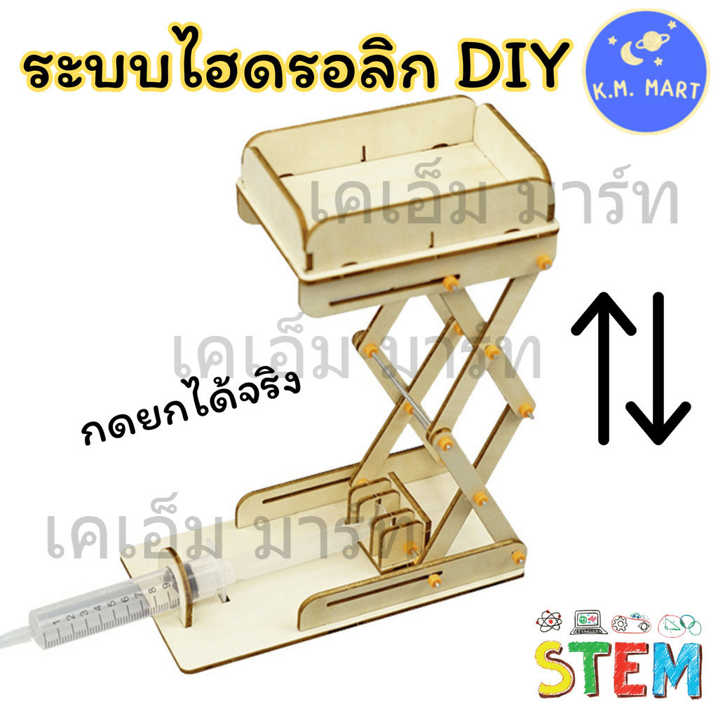 KM ชุดทดลองไฮดรอลิกลิฟต์ STEM ไม้ DIY เรียนรู้แรงดันของเหลว ยกขึ้นลงได้จริง Hydraulic Lift