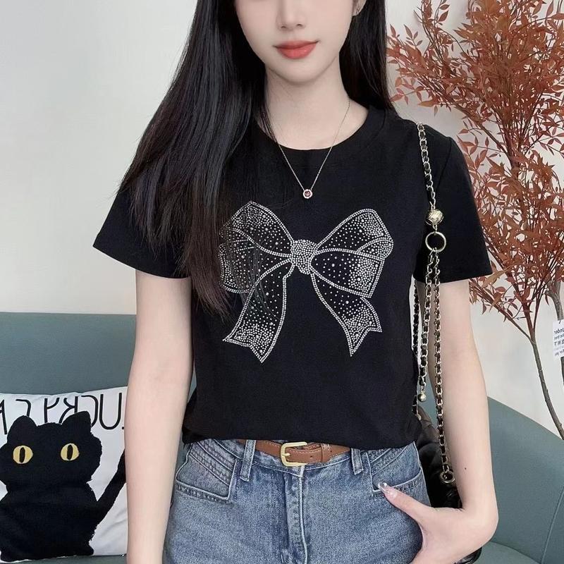 เสื้อยืดโบว์ Rhinestone งานฝีมือหนัก สไตล์ใหม่ ผ้าฝ้ายยืดหยุ่น ทันสมัย อเนกประสงค์ เหมาะสำหรับฤดูร้อน สลิมมิ่ง แขนสั้น เ