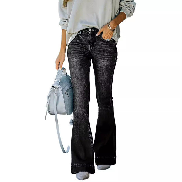 กางเกงขาม้า baggy jeans หญิง กางเกงสแล็ค กางเกงวอร์ม PD08307#亚马逊跨境牛仔裤女欧美气质显瘦微喇叭牛仔长裤