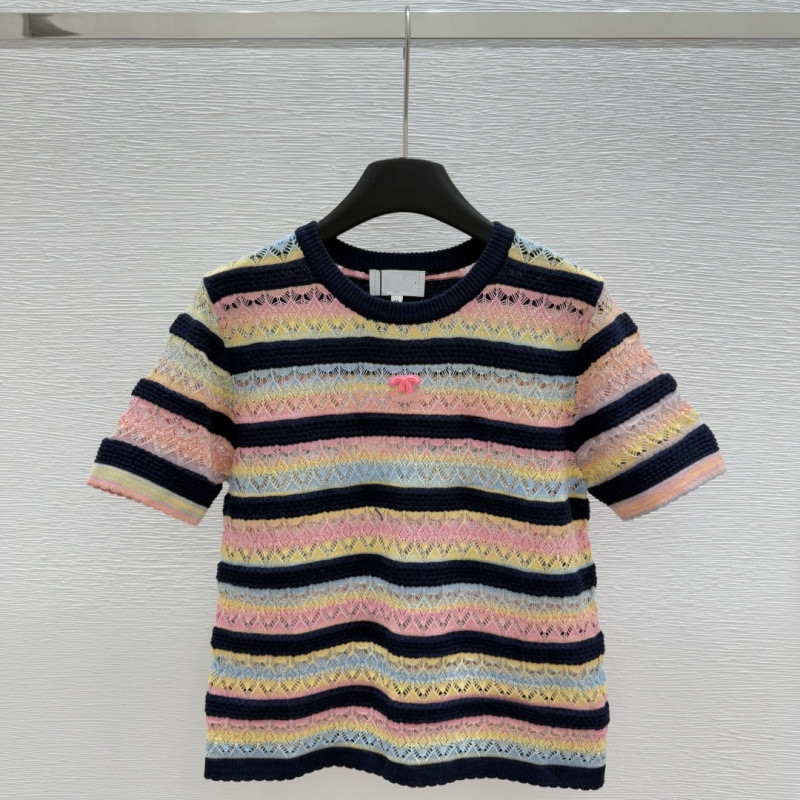 0EFD Ch****l Colorful Striped Contrast Color Right Shoulder Knitted Short Sleeve Women2025New Hot-Se