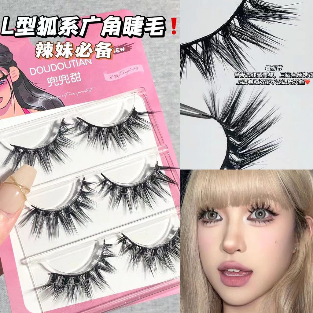 Doudou หวาน L-Shaped ขนตาปลอมมุมขวาชิ้นเดียวสไตล์อิตาลีผสมเลือดหนาการ์ตูนแนวทแยงบิน L-Shaped Fox ขนต