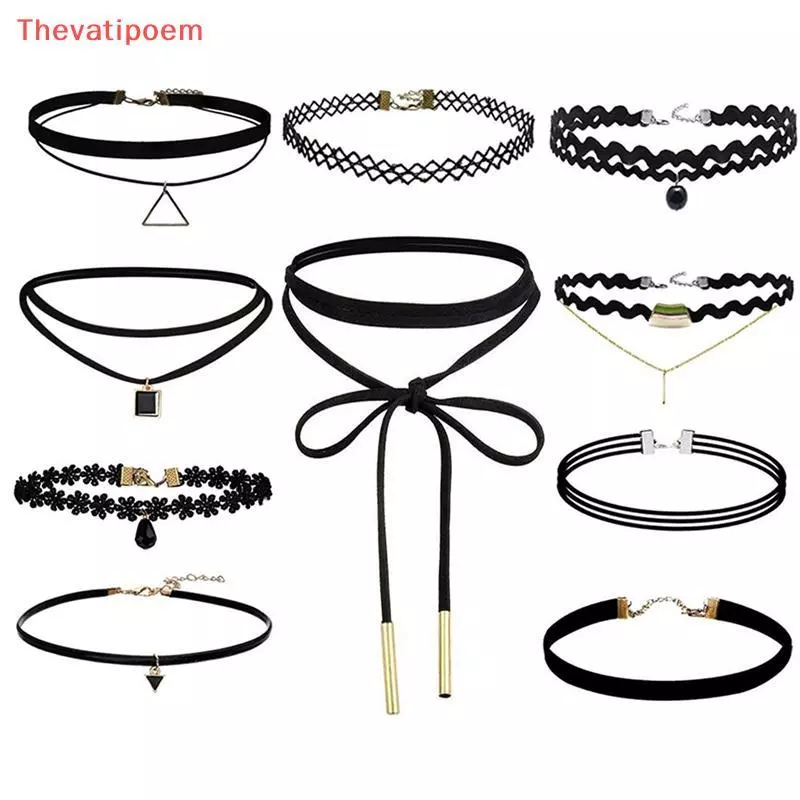 [Thevatipoem] 10 ชิ้นสร้อยคอโชคเกอร์สีดําคลาสสิกกํามะหยี่ยืดสร้อยคอสักโกธิคร้อน