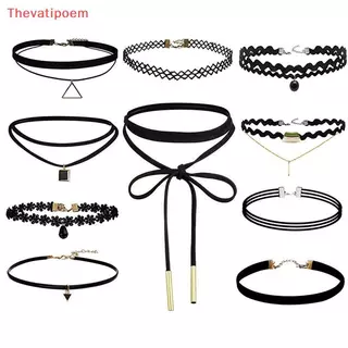 [Thevatipoem] 10 ชิ้นสร้อยคอโชคเกอร์สีดําคลาสสิกกํามะหยี่ยืดสร้อยคอสักโกธิคร้อน