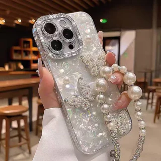 IMD Love เลเซอร์เคสโทรศัพท์สําหรับ iPhone 17 15 16 14 13 12 11 Pro Max แฟชั่น 3D Pearl Butterfly ฝาครอบป้องกัน