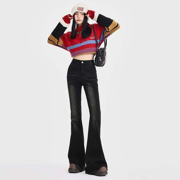 baggy jeans หญิง กางเกงวอร์ม กางเกงขาม้า American Retro Autumn American Hot Girl Frayed Stretch Loos