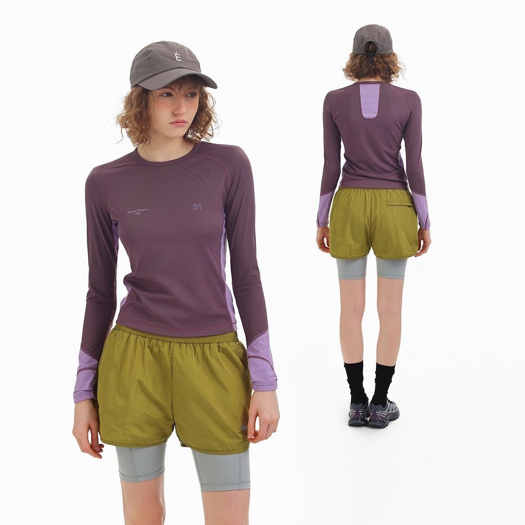 DSU2025 สินค้าใหม่เย็บ Contrast สี Breathable Hassel Line Slimmer ดู Slim-fit รอบคอแขนยาวเสื้อยืดผิว