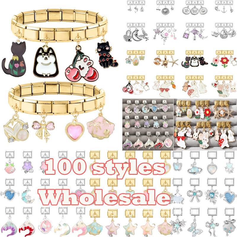 สร้อยข้อมือสแตนเลสประณีต ออกแบบเป็นกระต่ายสีชมพูกับดอกไม้โรสสไตล์อิตาเลียน เหมาะสำหรับผู้หญิง