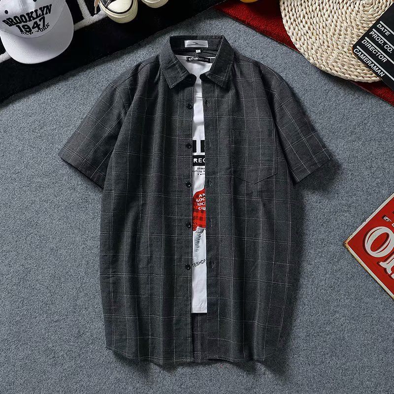 เสื้อดำคอปก เสื้อแขนสั้นลายสก๊อต เส้นใยผ้า，มีให้เลือก 3 สี，ขนาดM-3XL