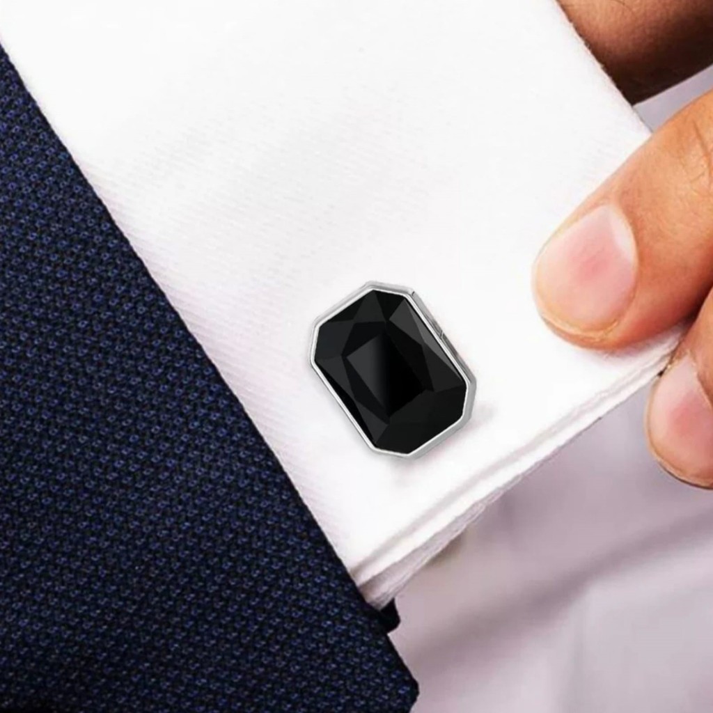 KEMEJA C37 2 ชิ้นสีดําสี่เหลี่ยมผืนผ้า Octagon Cufflink, French Cufflink Business Wedding