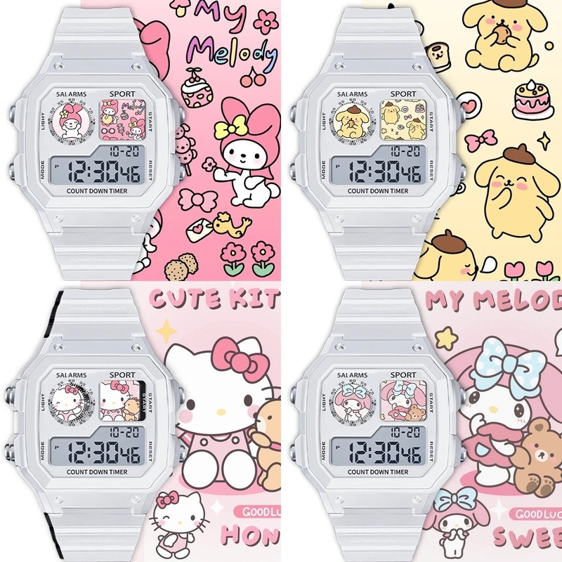 Sanrio Hello Kitty Kuromi กีฬานาฬิกาอิเล็กทรอนิกส์สี่เหลี่ยมเล็กปิดเสียงพร้อมไฟกลางคืนนาฬิกานาฬิกาปลุกวันที่โครโนกราฟ