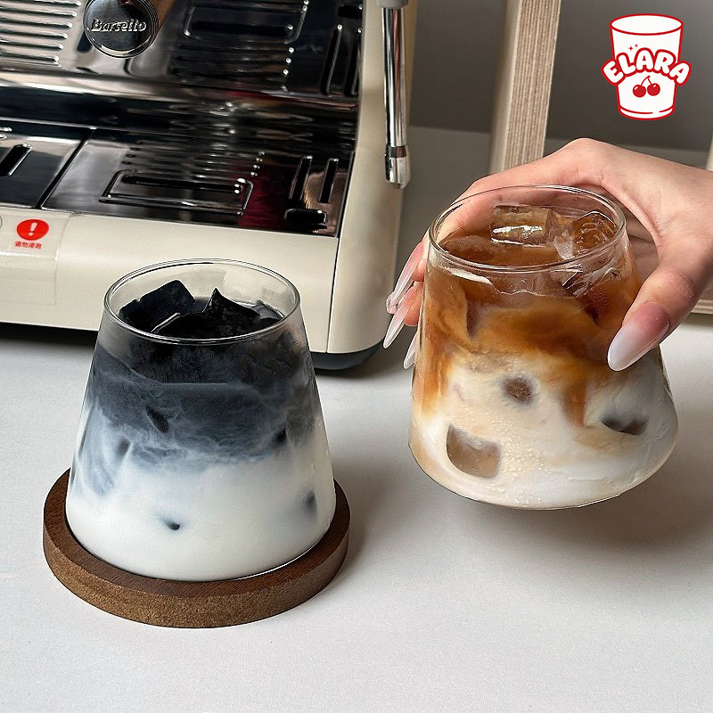 แก้วกาแฟใสทรงเตี้ย สไตล์มินิมอล แก้วลาเต้/อเมริกาโน่ แก้วน้ำดีไซน์เก๋ สำหรับคาเฟ่ ถ่ายรูปสวย 350ml
