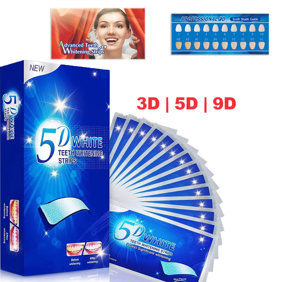 แถบฟอกสีฟันสําหรับฟัน 3D/5D/9D Whitener Strips ความไวลดลงแถบสีขาวสําหรับฟันไวท์เทนนิ่ง