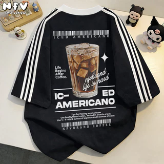 NFV แฟชั่นเกาหลี🍒เสื้อยืดแขนสั้นคอกลม ลายพิมพ์กาแฟ ระบายอากาศ ผ้าฝ้ายแท้ ใส่สบาย ทรงหลวม YG883