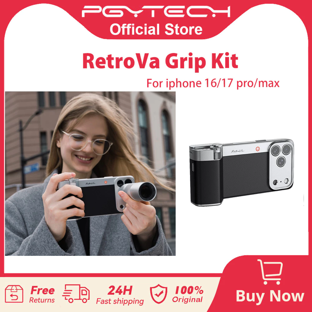 PGYTECH RetroVa Grip Kit สําหรับ iPhone 16/17 Pro/Pro Max เคสสไตล์วินเทจพร้อมเลนส์เทเลโฟโต้ 2.35x, กริปชัตเตอร์บลูทูธ, เกลียว 1/4"-20, ช่องเสียบ MicroSD, คอลลาร์สำหรับขาตั้งกล้อง และสายสะพายข้าง