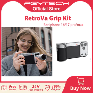 PGYTECH RetroVa Grip Kit สําหรับ iPhone 16/17 Pro/Pro Max เคสสไตล์วินเทจพร้อมเลนส์เทเลโฟโต้ 2.35x, กริปชัตเตอร์บลูทูธ, เกลียว 1/4"-20, ช่องเสียบ MicroSD, คอลลาร์สำหรับขาตั้งกล้อง และสายสะพายข้าง