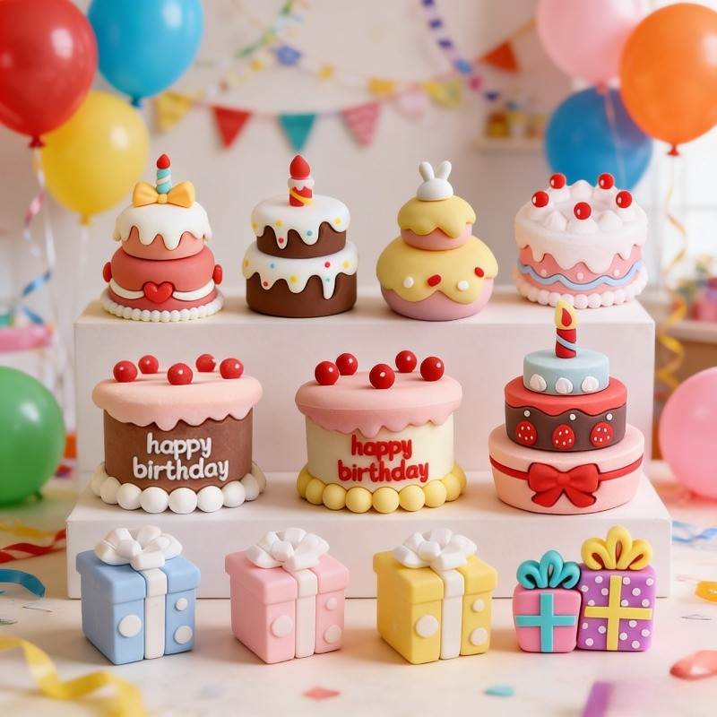 Mini Birthday Cake & Gift Box Cake Topper Set - Soft Clay Party Decor สําหรับเค้กวันเกิดและคัพเค้ก