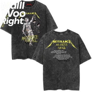 (จัดส่งตลอด 24 ชั่วโมง)Woo Right ชายเสื้อยืดสีดำฟอกขาวรอบคอ "METALLICA คอลเลกชัน" พิมพ์เสื้อหลวมพอดีวินเทจทำเก่าด้านบน