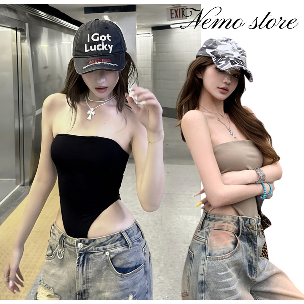 Nemo🌸#FYA019  เสื้อเกาะอกบอดี้สูท ไม่มีฟองน้ำ 2สีเข้ารูป ยืดตามตัวใส่สบาย