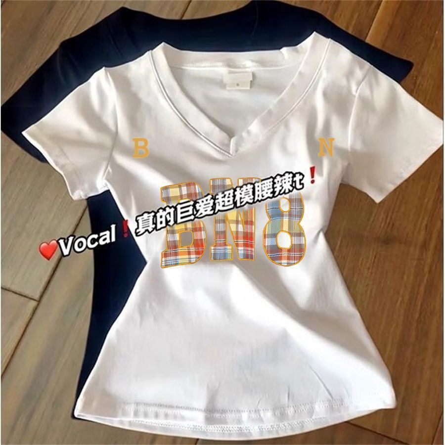 Cod Fat mmV คอไหล่แขนสั้นเสื้อยืดผู้หญิงหนาเกลือ Series ยุโรปสไตล์อเมริกันขายร้อน All-Match Top Dopa