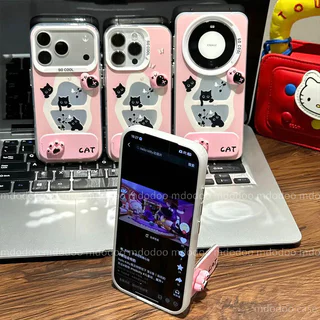 IMD Hard เคส for VIVO V70 V60 V50 V40 Lite V40E V30E V29E V27E S1 V30 Pro V29 V27 V25 5G V25E V23E V23 V20 V21E 4G Y200 Y100 X100 X90S X90 X80 Y78 Y27 Y36 S12 Korean-style Cartoon Cute Pink 3D Cat Paw Heart Makeup Mirror Stand Phone Case YKC 119