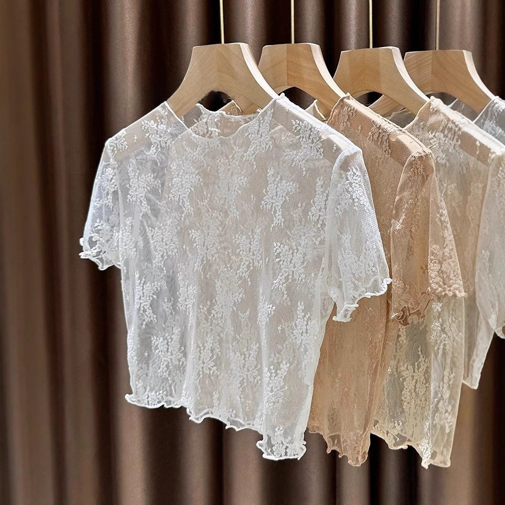Local shipping เสื้อครอปลูกไม้เชียร์แขนสั้น พร้อมชั้นตาข่าย