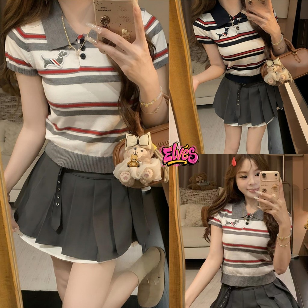 Elves พร้อมส่ง เสื้อไหมพรมแขนสั้น คอปกดีเทลลายทาง ยืดตามตัว กระดุมแกะได้“K094”