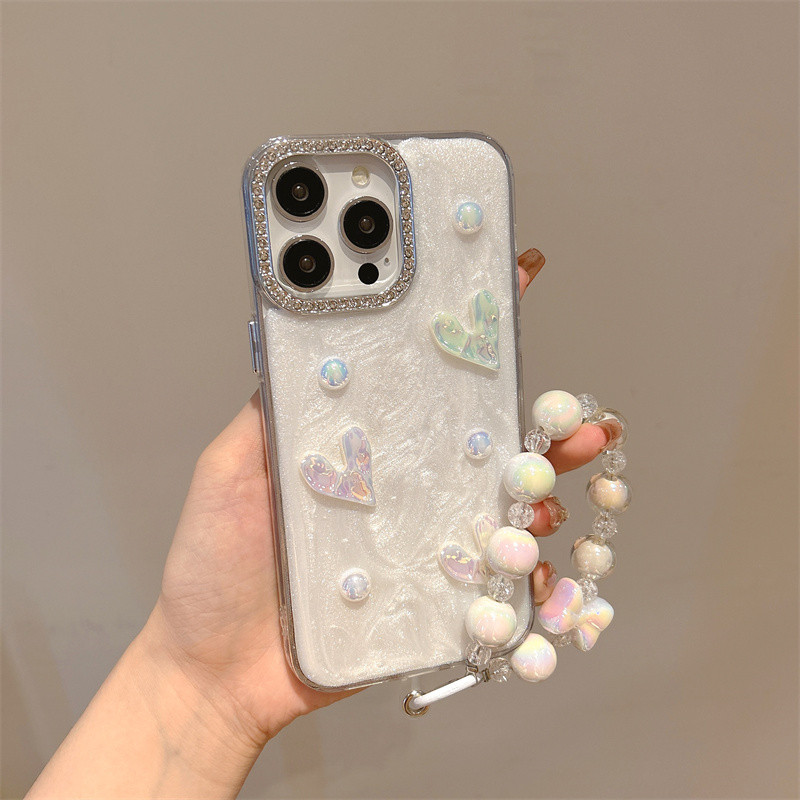 Iridescent Bow & Pearl Heart Case พร้อมสร้อยข้อมือสําหรับ Realme 15T 15 14 14X 14T 13 12X 11 11X 9i 