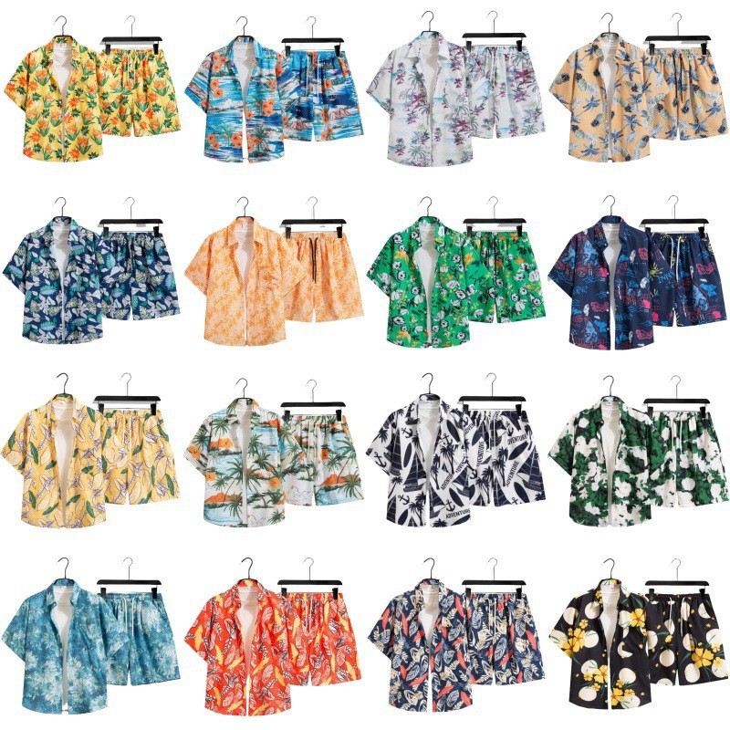 Bangkok Water Festival Floral Shirt Set, Quick-Dry Ice Silk Casual Floral Print for Men and Women Co