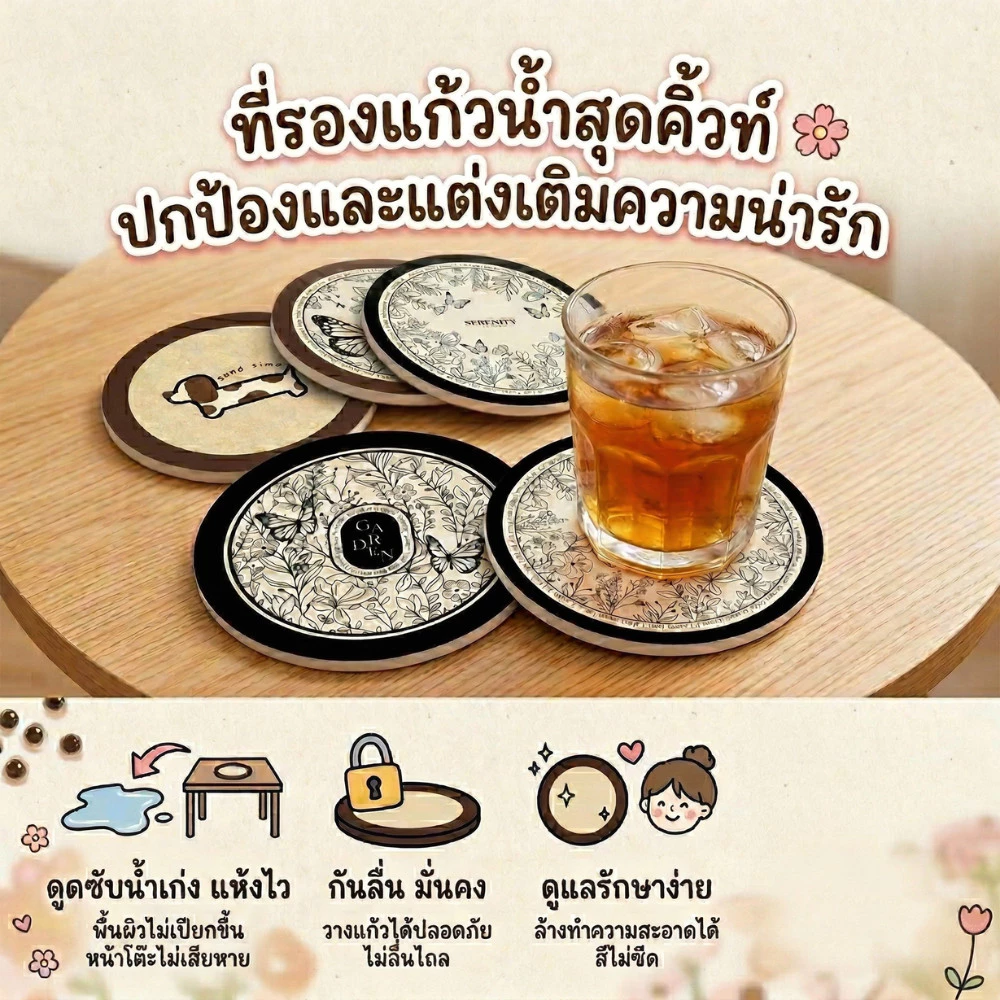 ตรงปก ที่รองแก้ว PU (S/M/L) แผ่นรองแก้วน้ำ มียางกันลื่น สีสันสดใส แผ่นรองจาน ที่รองจาน
