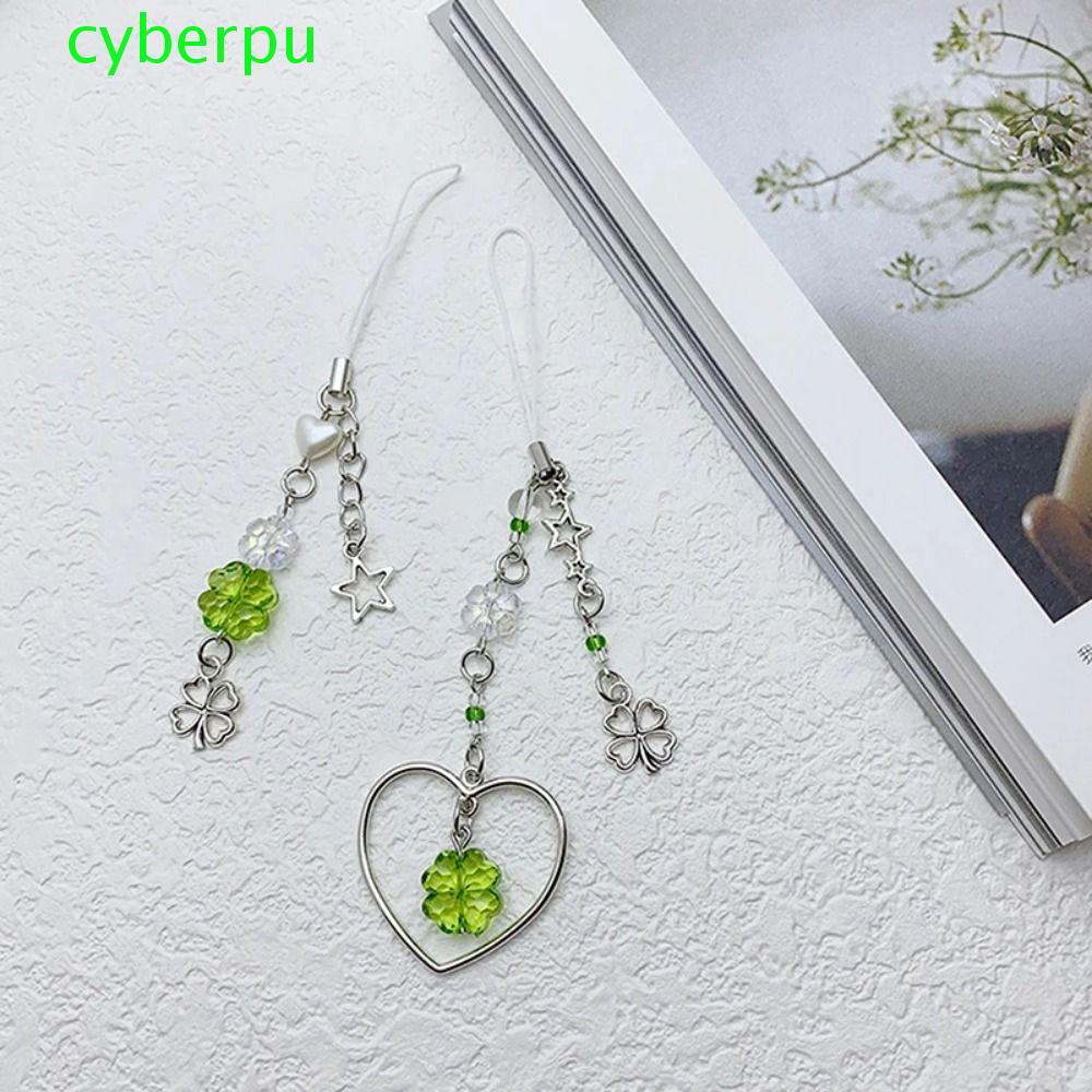 CYBERPULLSE Lucky Grass Phone Charms, Summer Green Four-leaf Clover Beaded Keychain, Bag Pendant Ref