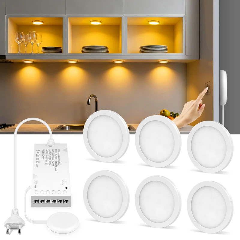 1-6pcs Ultra-Thin LED โคมไฟเพดาน 5W 12V หรี่แสงได้ Touch Sensor Puck Light สําหรับตู้เสื้อผ้าชั้นวางจอแสดงผลตู้โคมไฟติดผนัง