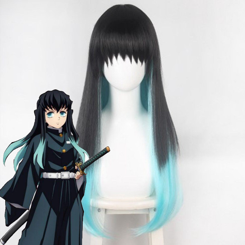 คอสเพลย์ wig ผมดำไล่สีสำหรับ Demon Slayer Tokito Muichiro พร้อมผมสีฟ้าเข้าชุด