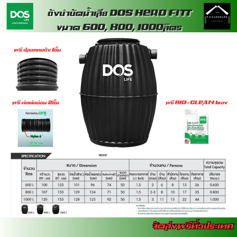 DOS ถังบำบัดน้ำเสีย DOS HERO FITT ขนาด 600, 800, 1000ลิตร แถมฟรี!! ข้อต่อFlex ปลอกคอถัง หัวเชื้อจุลินทรีย์