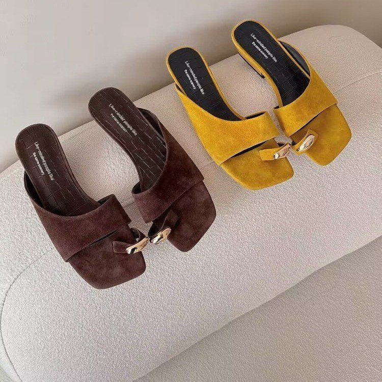 Set Toe Square Heel PU Rubber Low Heel Sandals Womens Slip-On