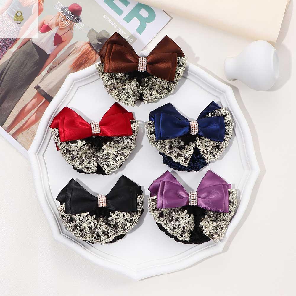 WAY Bow Hair Net Satin Lace Barrette Pearl Professional Lady Flight Attendant Hairgrips