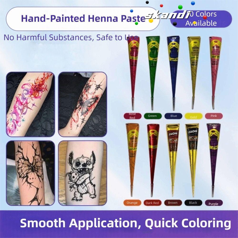 SKANDI Henna Tattoo Cream กึ่งถาวร Easy-To-Use Henna Paste Cone, Tattoo Cream ชั่วคราวสีดําสีน้ําตาล