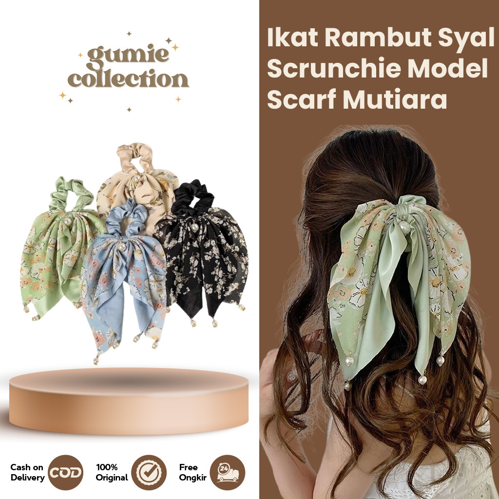 GC - FASHION SCARF SCRUNCHIE HAIR TIE / PEARL SCARF HAIR PAIR / ELASTIC HAIR BUN TIE