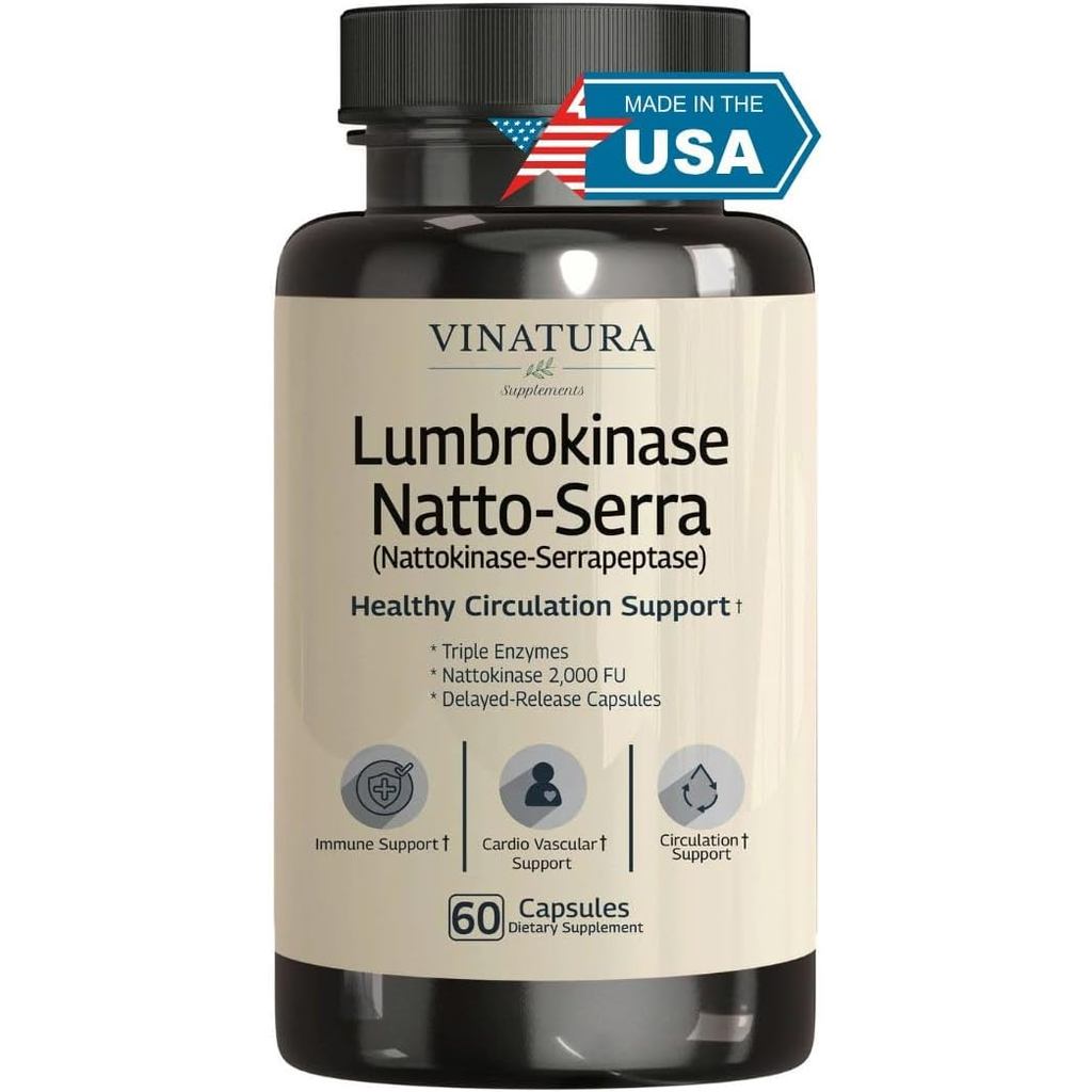 VINATURA Nattokinase 2000 FU, Lumbrokinase 800000, เซรปเตส 120000 SPU *USA Made & Tested* อาหารเสริม
