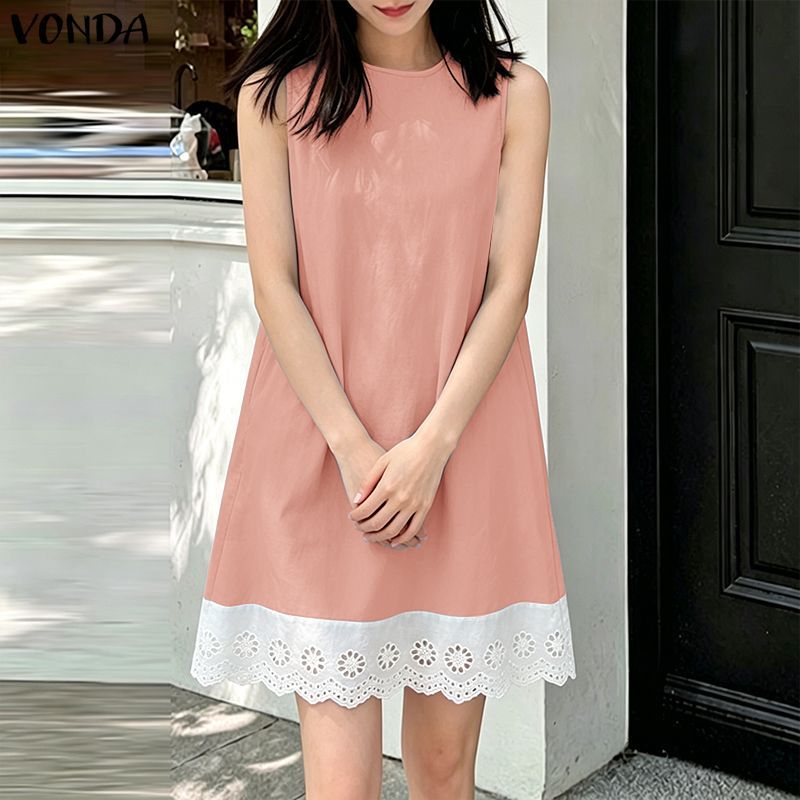 VONDA ผู้หญิงเกาหลีลําลองรอบคอปุ่มชุด Contrast Ruffle Trim Slim Fit สายแขนกุดทอชุด — صورة 5